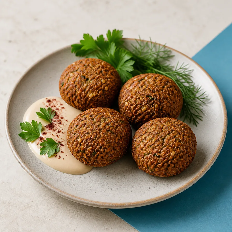 Golden falafel pieces served with fresh herbs