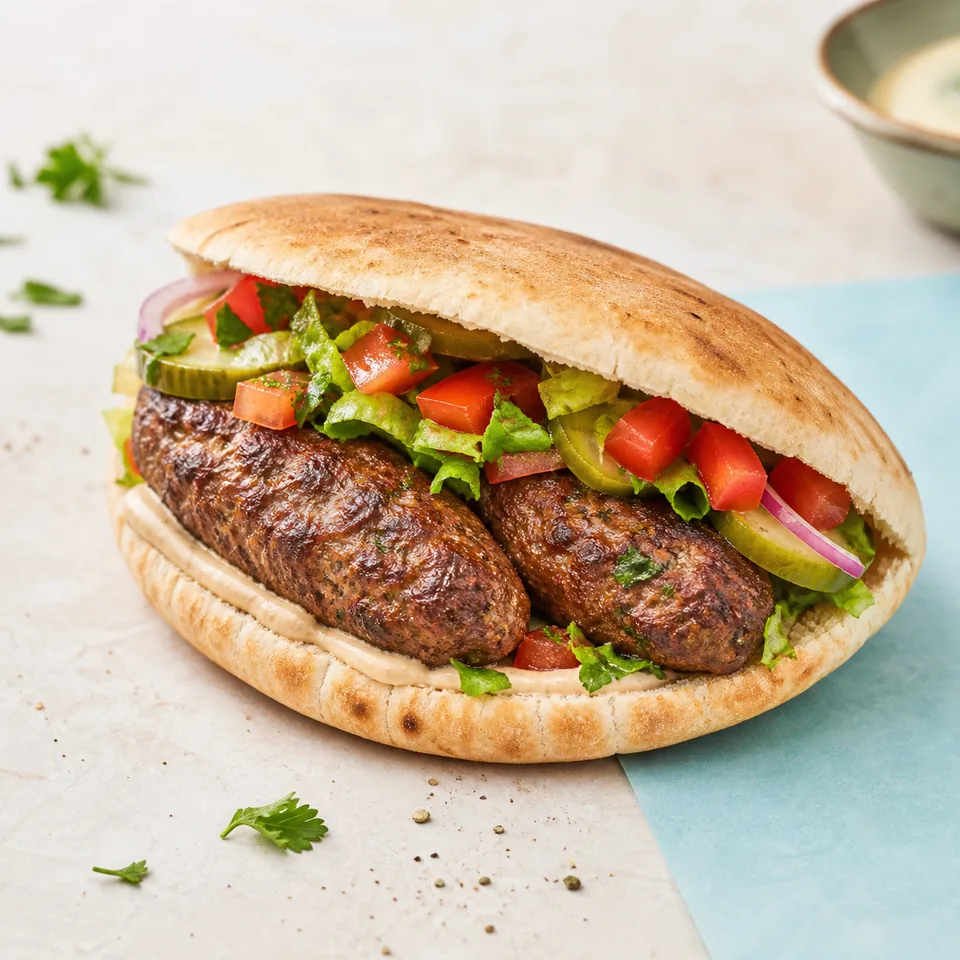 Kofta sourdough pita with salad and pickles